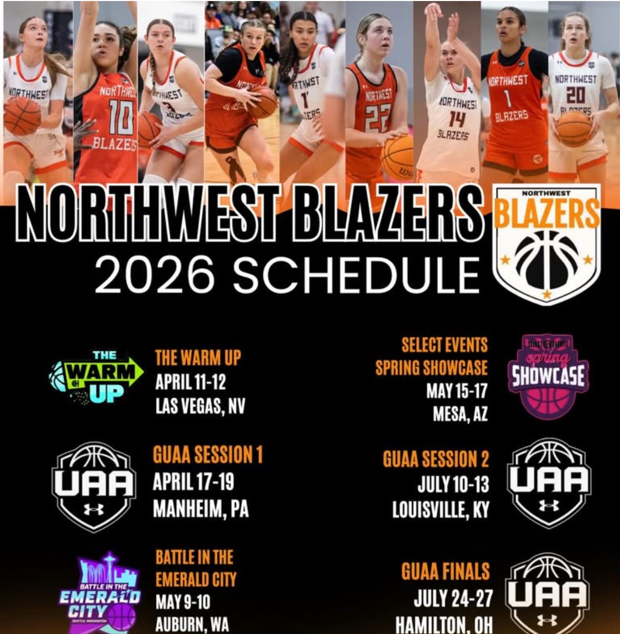 Northwest Blazers 2026 schedule graphic listing spring and GUAA events.